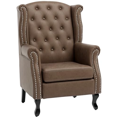 HOMCOM Wingback Armchair, PU Leather Fireside Chair, Button Tufted Accent Chair for Living Room, Bedroom, Home Office, Brown