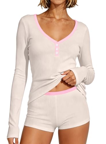 Image of Dressmine Cute Pjs Pajama Sets for Women Sexy 2 Piece Spring Pajamas Lounge Sleep Set Long Sleeve Shorts Sleepwear