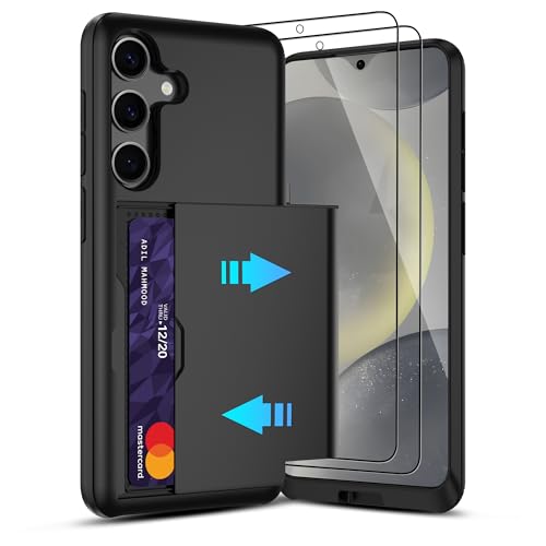 Pilaru Sliding Card Holder Case for Samsung S24 | Hidden Slot Cards | 2 screen protectors | Shockproof & Anti-Slip Protective Wallet Cover | Durable Dual-Layer Design for Galaxy S24 Black