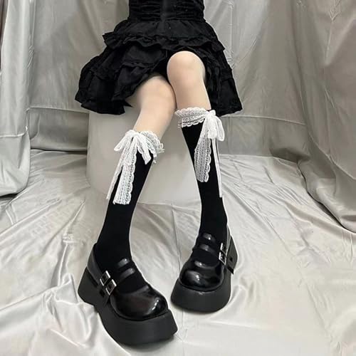 Image of Women Kawaii Knee High Socks Lovely Cute Frill White Lace Trim Cuffs Stockings Solid color Lace Ruffle Bow E-Girls Socks (Black, ONE SIZE)