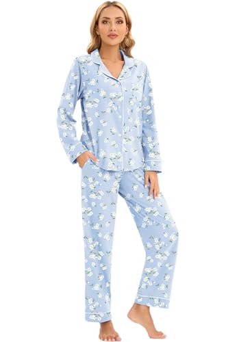 Image of LUBOT 100% Cotton Pajamas for Women Pajama Set Soft 2 Piece Sleepwear PJ Set Long Sleeve Knit Button Cozy Loungewear XS-XXL
