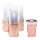 50 Pack Disposable Plastic Cups by Prestee - 14 oz Rose Gold Rimmed Plastic Wine Glasses - Heavy Duty, Pink Rim Cup - Disposable Party Cups and Fancy Wedding Tumbler - Elegant Decoration Cup for Party