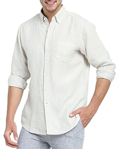 Najia Symbol Men's 100% Natural Linen Fabric Button Down Long Sleeve Shirt (Natural, M)