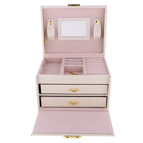 barenx Caixa de jóias grande de couro sintético de 3 camadas, organizador de armazenamento, bege