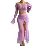Women Long Chemise Lingerie Set Sexy Long Sleeve Crop Top Max Skirt with High Slit Nightgown, Elegant Negligee Dress Purple