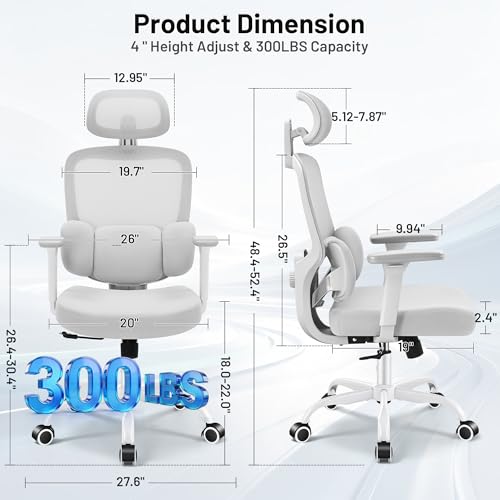 Image of Ergonomic Office Desk Chair, High Back Breathable Mesh Computer Chair, 3D Lumbar Support, 2D Headrest & 3D Armrests, 300lbs Heavy Duty Task Chair for Home Office Work Gaming, Gray