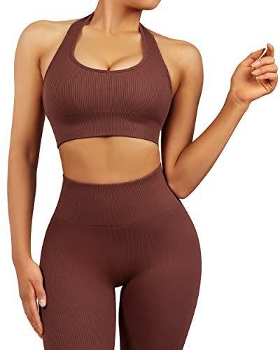 Mooslover Women Seamless Ribbed Workout Sets High Waist Leggings Halter Sports Bras Two Piece Outfits(M,#1 Chestnut-315) #TOP26