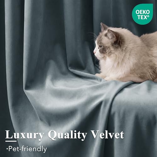 Image of Stone Blue Velvet Drapes Back Tab for Nursery, W52 x L102, 2 Panels | Luxury 300GSM Velvet, Back Tab Window Drapes, Heat Block Out, Privacy & UV Protection, Boys' Bedroom, Store, Villa Window