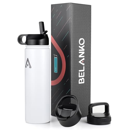 BELANKO 24 Oz Stainless Steel Water Bottle with 3 Multi-Use Lids, Vacuum Insulated Tumbler for Hot & Cold Beverages, Spill-Resistant Design for Gym, Hiking, Office – Arctic White