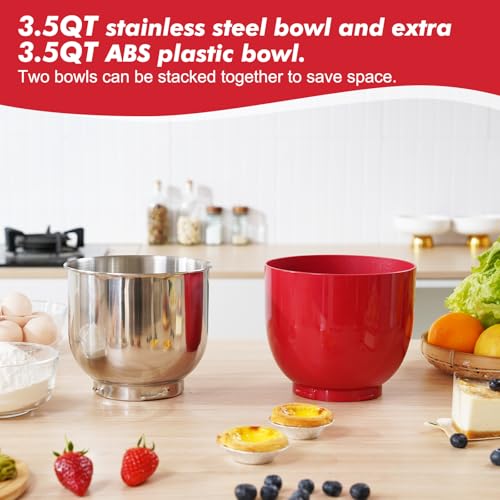 Kitchen in the box Stand Mixer, Two 3.5QT Bowls Small Kitchen Electric Mixer, 10-Speed Mini Lightweight Food Mixer with Egg Whisk, Dough Hook, Beater (Red) by Kitchen in the box - Image 2