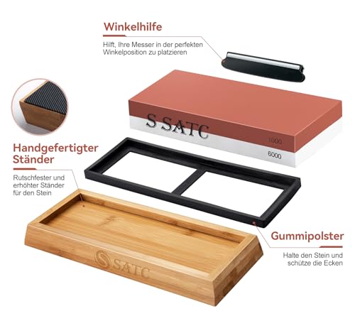 S SATC Schleifstein Messer Körnung 1000/6000 Wetzstein Professionell Schärfstein 4-IN-1 Messerschärfer Abziehstein Sharpening Stone mit Rutschfeste Bambusbasis und Winkelführung