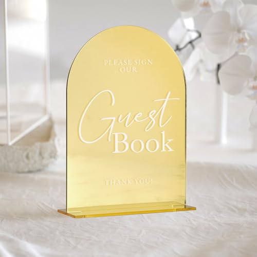 Acrylic Wedding Sign with Stand- 5"x7" Gold Mirror Arched Guest Book Signs and Base,1/8" Thick | Modern Calligraphy White Lettering Gold Arch Acrylic Table Sign for Wedding Reception & Party