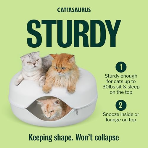Image of Cattasaurus Peekaboo Cat Cave Donut for Multiple & Large Cats up to 30-45 lbs, 3-in-1 Self Warming Cat Bed, Tunnel & Scratcher for Indoor Cats, Washable & Detachable Small Dog Bed (White, Large)