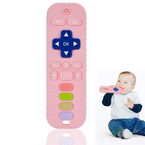 Image of Baby Silicone Teething Toys, Simulation TV Remote Control Shape Teether Toys for Toddlers 3-18 Months, Boys Girls Baby Teething Toys, Babies Chew Toys, Freezer BPA Free, Pink