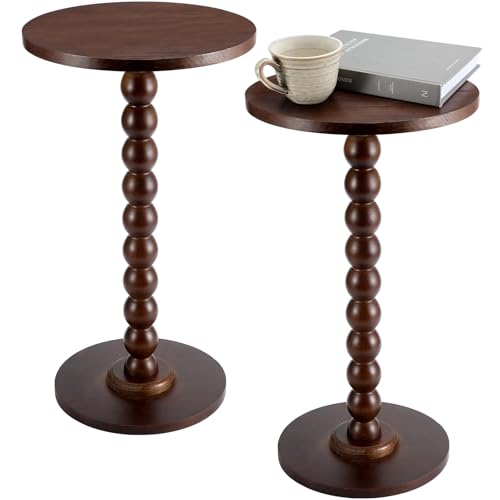 DoubleFill 2 Set Round Pedestal Side Table Brown Wooden Small