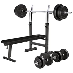 GORILLA SPORTS® Hantelbank – inkl. Hantelset 38/70/100kg, Ablage, Dip-Station, Höhenverstellbar, Klappbar, bis 200kg, Schwarz/Weiß – Trainingsbank mit Langhantelset, Drückerbank, Schrägbank, Flachbank