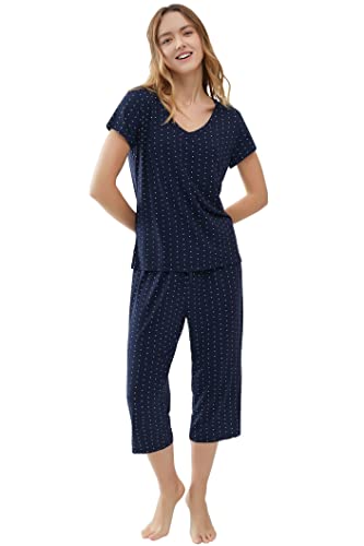 Joyaria Womens Bamboo Cooling Pajamas Capri Pjs Set Summer Night Sweats Short Sleeve Sleepwear Hot Flashes(Navy Polka Dot,Xl) #TOP4