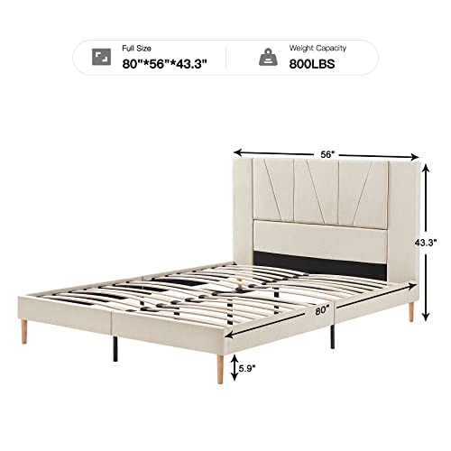 Flolinda Full Size Bed Frame Upholstered Platform With Complete Headboard And Strong Wooden Slats, No Box Spring Needed, Easy Assembly,Beige #TOP1