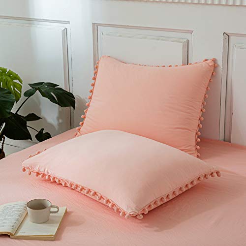 MOVE OVER Pink/Peach Pom Poms Pillow Case, Pink Standard Pillowcases Set of 2, 100% Washed Microfiber, Pink Girls Ball Fringe Pillow Shams, 2 Pack (Standard, Pink/Peach)