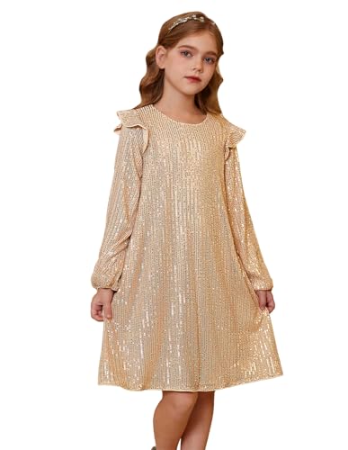 Kinder Festliches Glitzerkleid Lange Ärmel Crew-Neck Knielang...