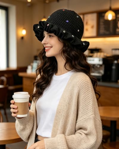 Image of Women Crochet Bucket Hat Cute Winter Ruffled Brim Floppy Cap Handmade Knit Cloche Hats
