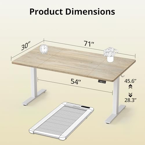 Image of TIQLAB Electric Height Adjustable Standing Desk 71 * 30 inch, Sit Stand Desk with Splice Board, Memory Controller, White Frame & Maple Top Computer Workstation for Home Office