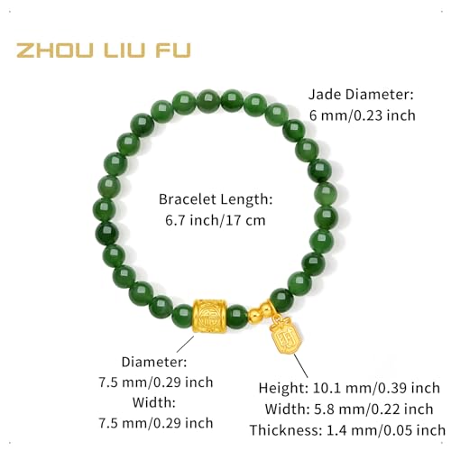 24K Gold Green Jade Beaded Bracelets Blessing Charm Bracelet Real Gold Lucky Plate Healing Hetian Nephrite Stretch Bracelet for Women Mom Mother Birthday 6.7"/17cm Y19136592