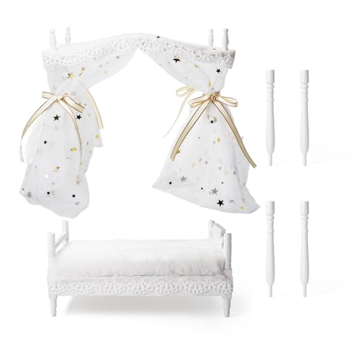 Odoria Dollhouse Princess Bed Miniature: 1/12 Scale Queen Bed White Fluffy for 6 inch Dolls Bedroom - Mini Bedding Furniture with Luxury Canopy - Image 4