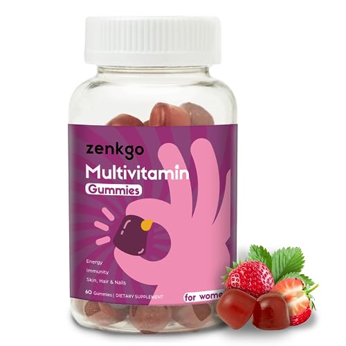Zenkgo Multivitamin Gummies for Women, Supports Skin, Hair & Nails, Energy, Immune, Bone, Eye Health, Biotin, Zinc, Daily Vitamins A, B, C, D, Pantothenic acid, Strawberry & Cherry Flavor (60Ct/30Day)
