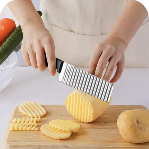 Image of Stainless Steel Potato Cutter Crinkle Chopper - French Fries, Chips, and Vegetable Cutter with Nylon Handle - Wave Cutting Knife for Carrots, Salad, and More (1 Piece)