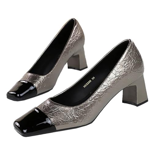 Women's Square Cap Toe Block Heel Pumps Closed Toe Slip On Chunky Heel Pumps for Office Wedding Party Dress Shoes