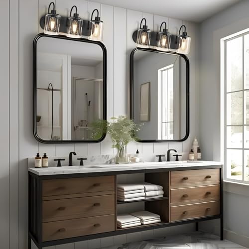Image of Vanity Light Fixtures With Clear Glass Shades - 3-Light Black Bathroom Light Over Mirror - Modern Wall Lamp for Bathroom, Bedroom, Living Room, Hallway, Porch