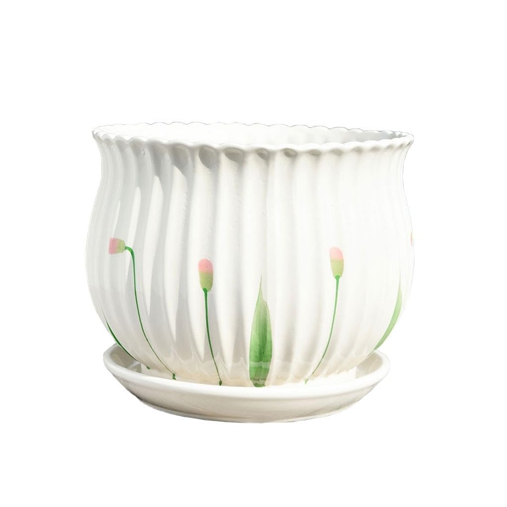 Gelasige A Flower Pots White Ceramic Flower Pot With Tray Office Coffee Table Tabletop Decorative Flower Pot Chinese Flower Pot Outdoor Flower Pots(A)