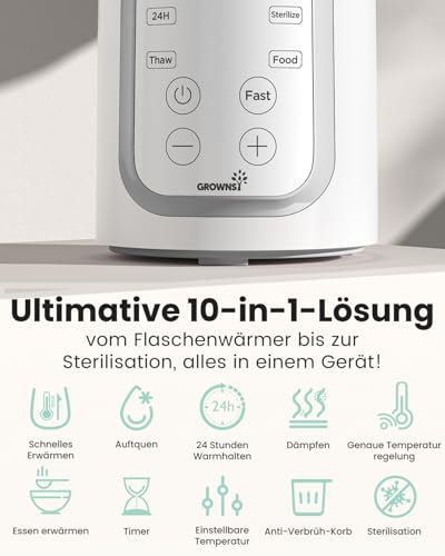 Grownsy Flaschenwärmer Baby, 10-in-1 Fläschchenwärmer für alle Flaschen mit Timer, präziser Temperaturkontrolle und automatischer Abschaltung, multifunktionaler Babyflaschen Wärmer für Muttermilch