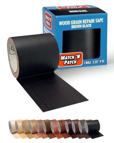MATCH 'N PATCH Wood Grain Repair Tape - Brown-Black, 2.25 in x 15 ft (1-Pack) – Wood Grain Colored Duct Tape for Mirror Frame, Trim, Borders, Floor and Other Furniture, Scratch Repair Kit