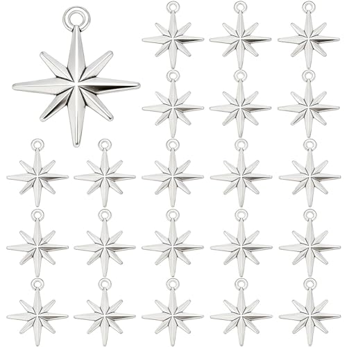 SUNNYCLUE 1 Box 100Pcs 23mm North Star Charm Silver Eight Point Star Charm Bulk Alloy Guide Dangle Antique Rings Celestial Pendant for Jewelry Making DIY Crafting Earring Supplies Necklace Bracelet