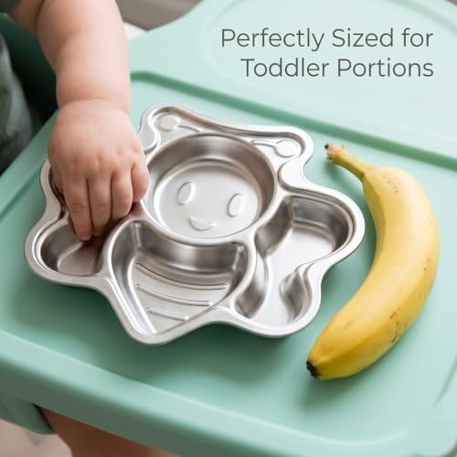 Image of Happy Hues Stainless Steel Divided Meal Plate Tray-3 Compartments Dinner Dish for Baby (BEE)