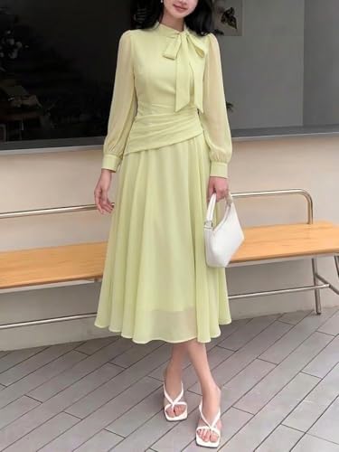 Image of SMOWKLY Women Elegant Midi Dress | Long Sleeve Fit & Flare Dress Western Dress for Women | Office, Evening, Casual & Occasion Wear