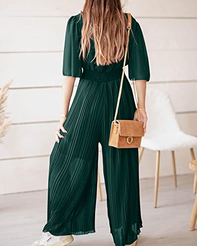 Btfbm Women Chiffon Wrap V Neck Summer Jumpsuit Spring Mesh Half Sleeve Elastic Waist Pleated Wide Leg Long Pants Romper(Solid Dark Green, Large) #TOP3