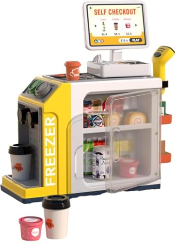 KryZaroレジとコーヒーマシン付き グリーンの子供用ミニスーパーマーケット ショッピングシミュレーションプレイセット - ごっこ遊びに最適