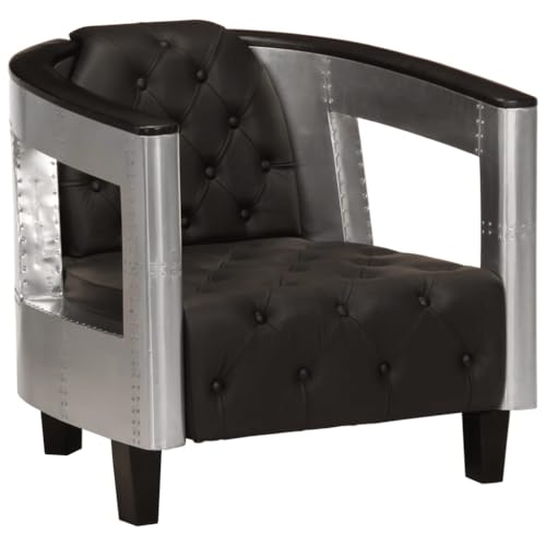 vidaXL Fauteuil en Style d'Aviation Chaise de Chambre à Coucher Siège de Salon Meuble Mobilier de Salon Maison Intérieur Salle de Séjour Noir Cuir Véritable