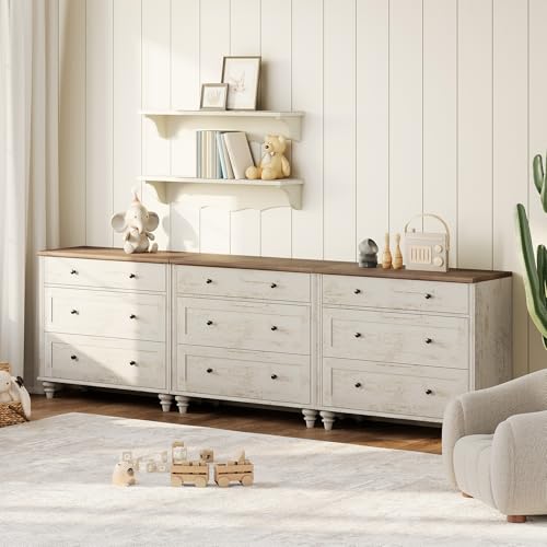 Image of WAMPAT Kids Dresser for Bedroom with 9 Drawers, Baby Dressers with Wide Chest of Drawers, Farmhouse Wooden Closet Storage Organizer, Large Wood Dressers for Living Room, Nursery, Hallway, Rustic White