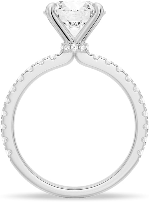 MSBLUE® Moissanite Engagement Ring, 1.5ct Round Cut with Pavé & Hidden Halo, 14K White Gold Vermeil, Rhodium Finish