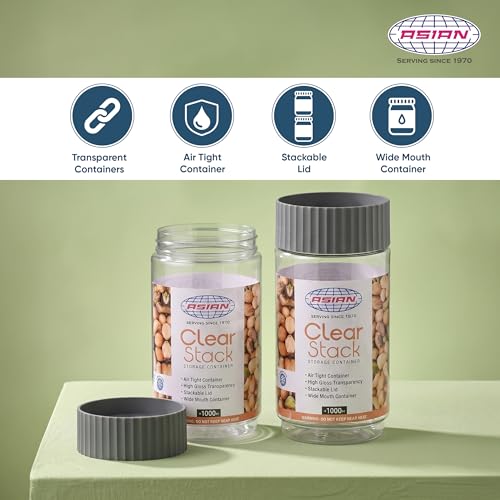 Image of Asian Plastowares - Clear Stack Jar (1000ML X 2) | BPA-Free | Multipurpose Jar for Snacks, Pulses, Dry Fruits & Biscuits | Airtight | Food Grade Storage Box | Assorted Colour