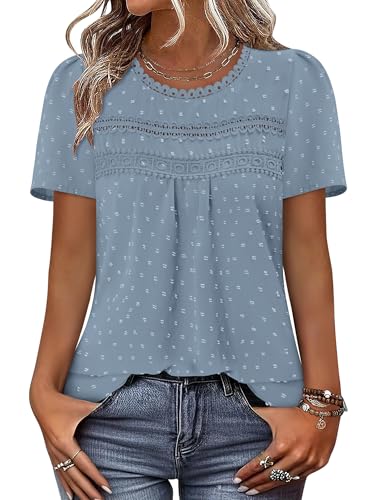 BETTE BOUTIK Women Short Sleeve Tops Summer Dressy Casual Boho Shirt Flowy Western Cute Chiffon Blouse Bohemian Peasant Going Out Loose Basic Chic Clothes Sky Blue XL