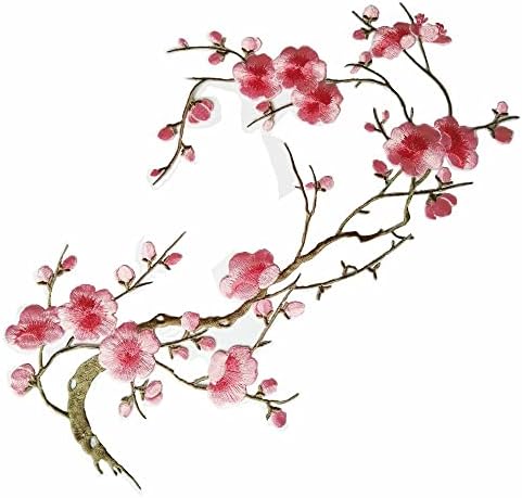 1pcs Big Plum Blossom Iron On Patches Embroidery Flower Appliques 14.1"x7.5" (36x19cm) (Pink/Khaki)