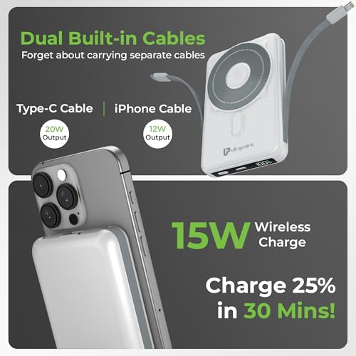 Image of UltraProlink 10000mAh 3 in 1 Wireless Magnetic Mag-Safe Power Bank| Dual Cables Type C & iPhone |22.5W Type C Port with PD-PPS Support | for iPhone Series 16,15,14,13 | Made in India | UM1126