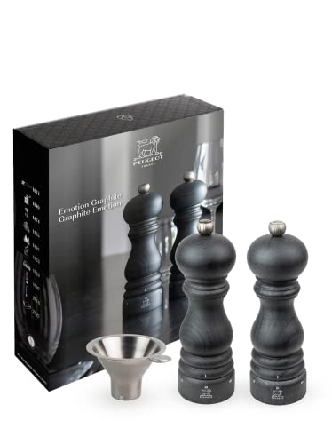 PEUGEOT - Paris Graphite Gift Set - 18 cm Pepper Mill + 18 cm Salt Mill + Spice Funnel - u'Select Adjustment - PEFC-Certified Wood - French Manufacturing - Graphite Colo