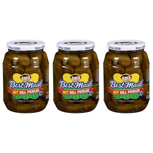 Best Maid 32 Ounce Glass Jar Pickles - Delicious and Crisp with Every Bite (3 Pack, Hot Dill Pickles)
