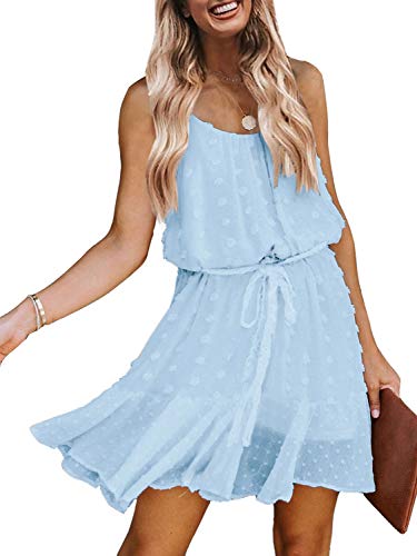 Lovinchic Women s Spaghetti Strap Tied Waist Floral Mini Dress Summer Casual Flowy Dress Blue 12